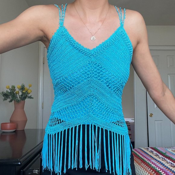 Vintage Tops - SOLD! 90s/ Y2K Beaded Blue Boho Tank Top with Fringe